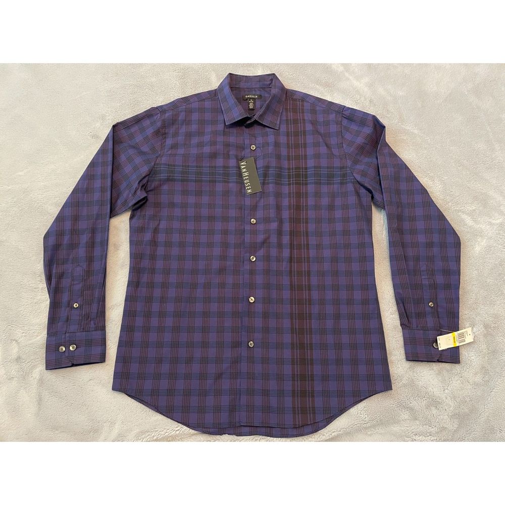 Van Heusen Men's L/S Button Down Purple Blackberry Plaid Size M 15-15 1/2 NWT